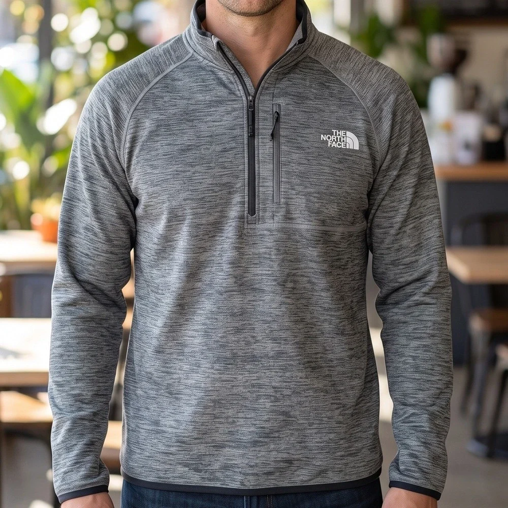 The North Face Mens Gray Heathered Quarter Zip Fleece Pullover Chest Pocket L